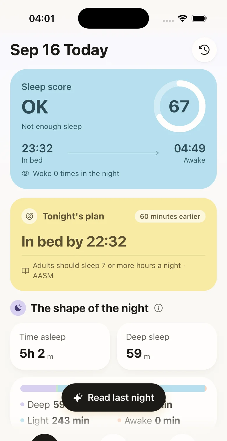 The KnowSleep home screen: a sleep score of 80, in bed 23:59 and awake 09:09, with tonight's plan and the shape of the night below
