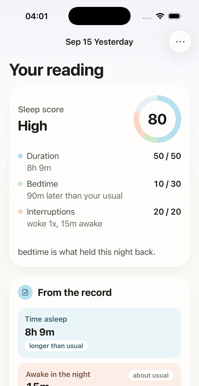 A sleep reading: the score of 80 broken into duration, bedtime and interruptions, with the figures from the record below